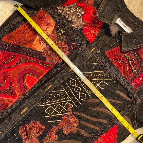 CHICO'S Embellished Denim Jacket, dark brown & red; embroidery, studs, beads. L - Picture 13 of 17